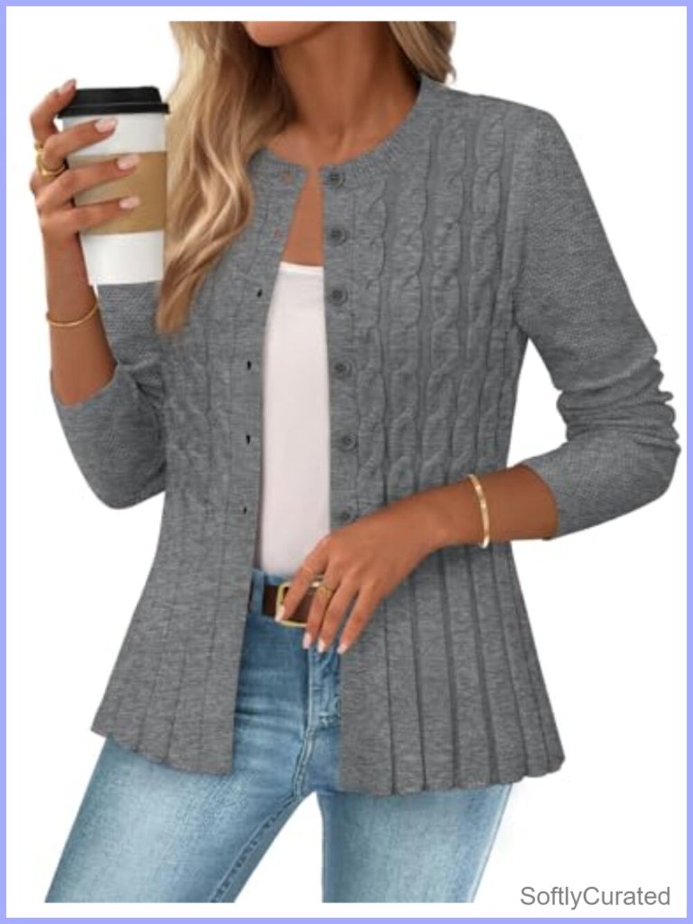 Cable Knit Peplum Cardigan Open Front Button Down Soft Knitted Sweater Coat